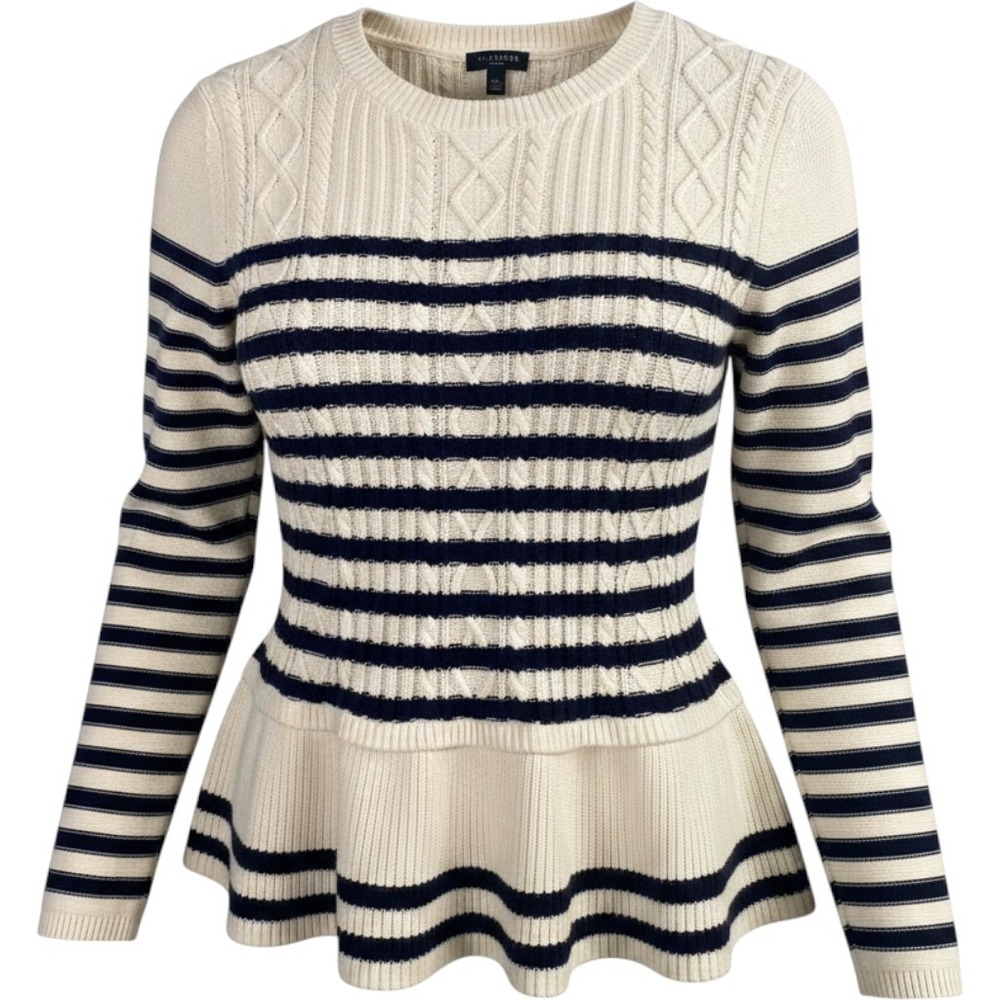 Talbots Peplum Sweater Womens Medium Petite Ivory Navy Blue Striped Cable Knit